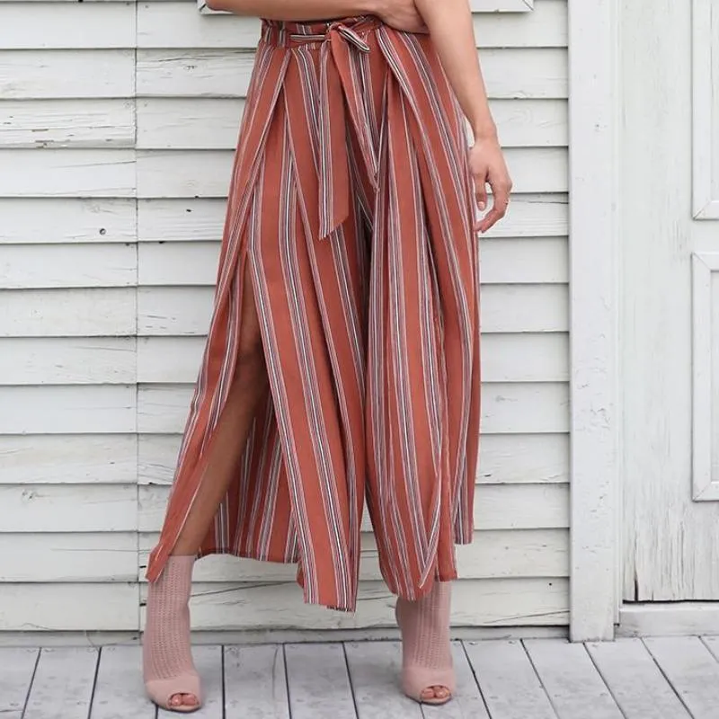 High split stripe  high waist wide leg pants