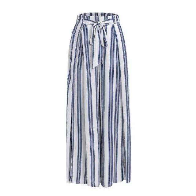 High split stripe  high waist wide leg pants