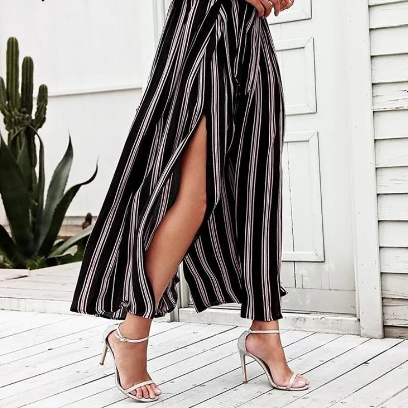 High split stripe  high waist wide leg pants