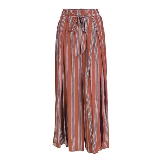 High split stripe  high waist wide leg pants