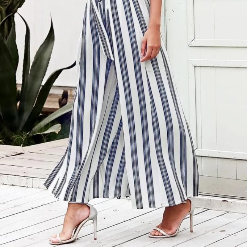 High split stripe  high waist wide leg pants