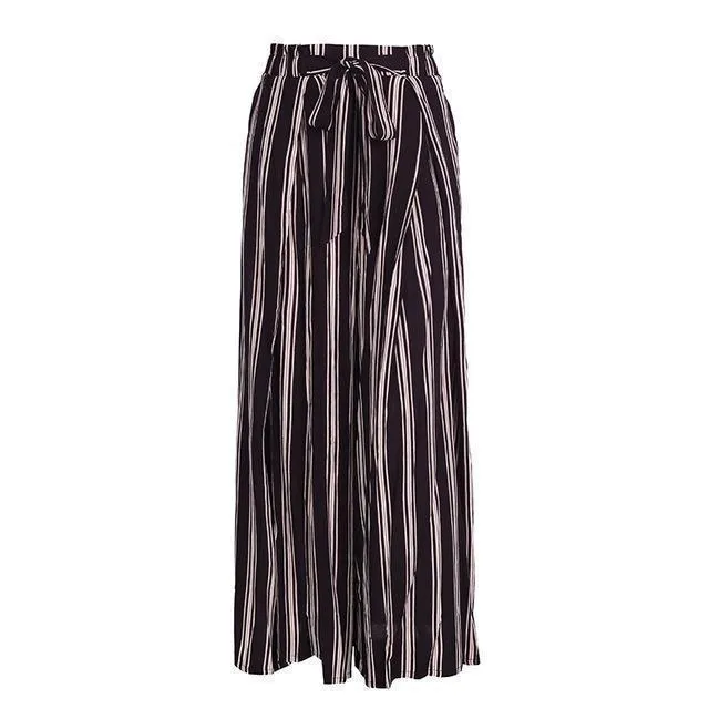 High split stripe  high waist wide leg pants