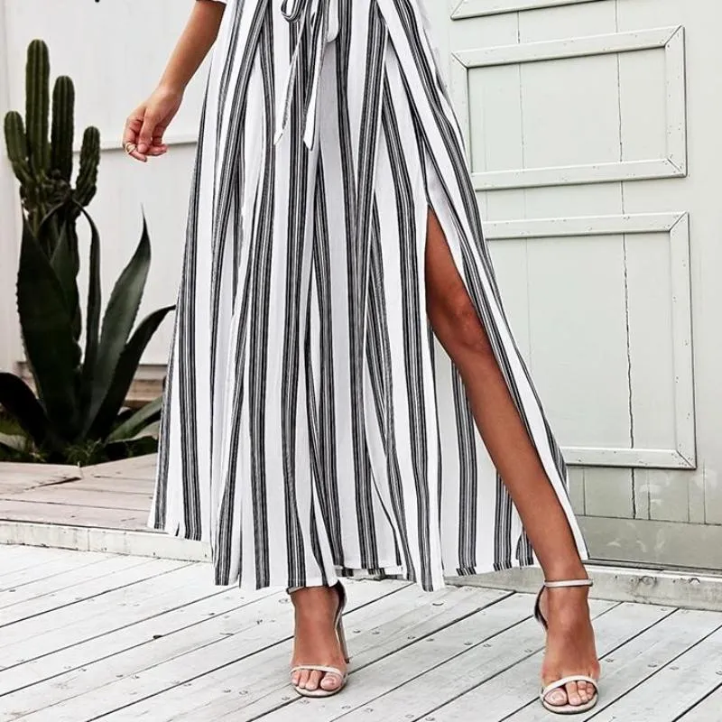 High split stripe  high waist wide leg pants