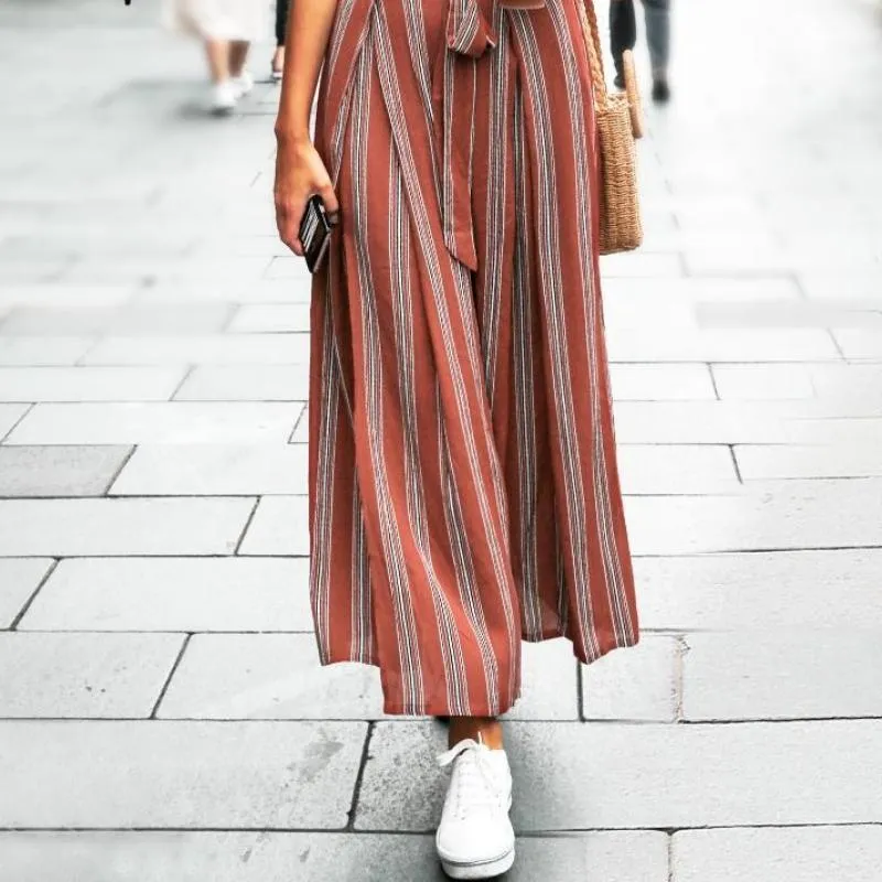 High split stripe  high waist wide leg pants