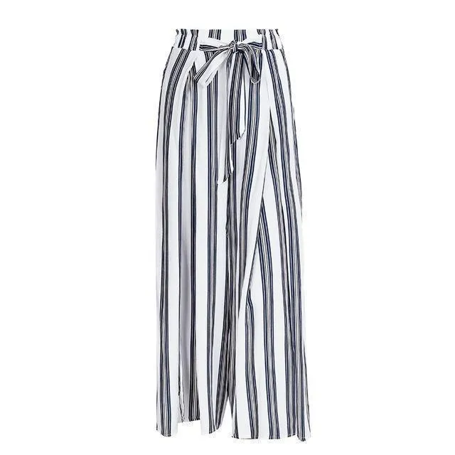 High split stripe  high waist wide leg pants