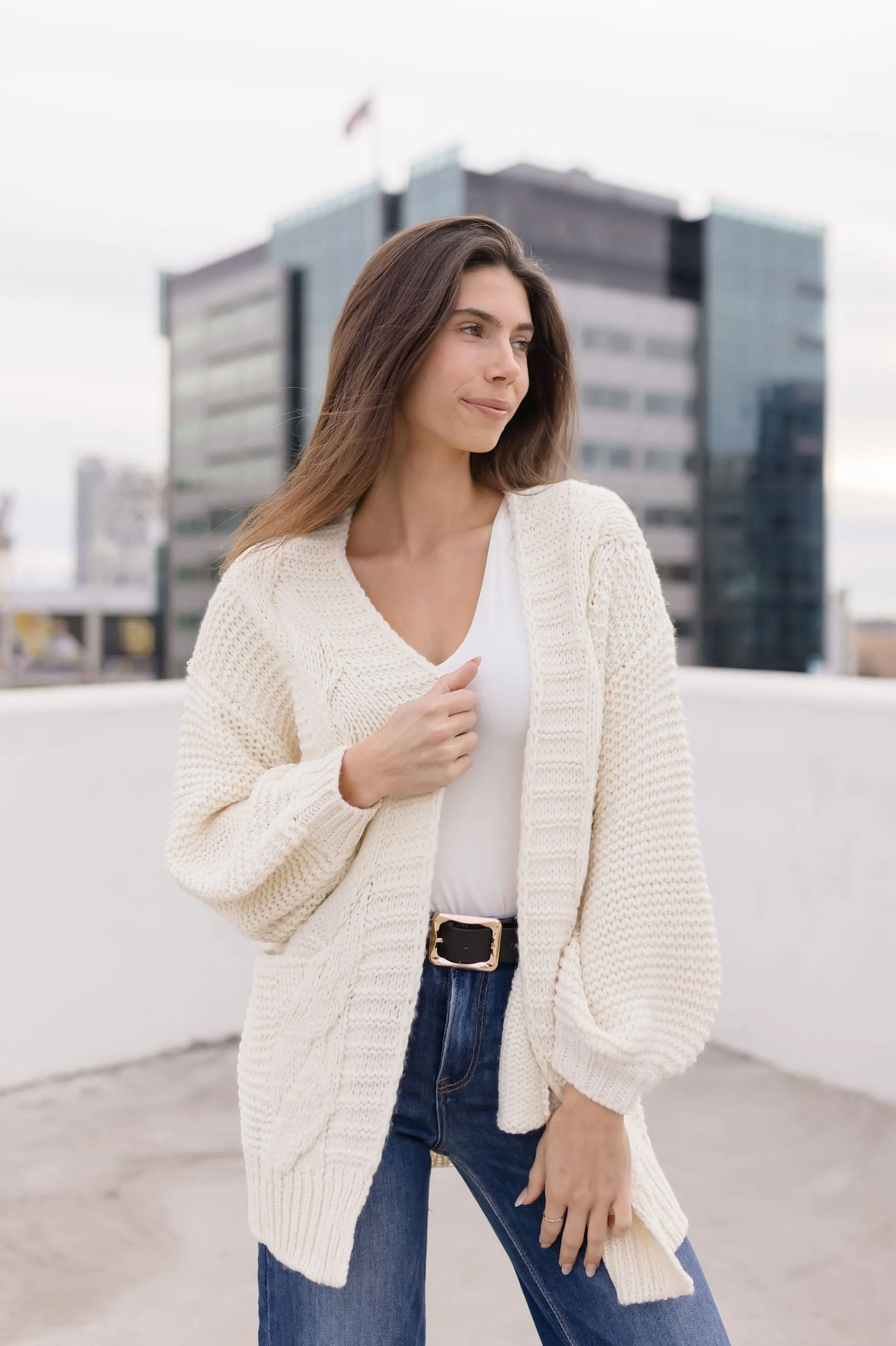 Holland Long Sleeve Chunky Cable Knit Open Cardigan Cream