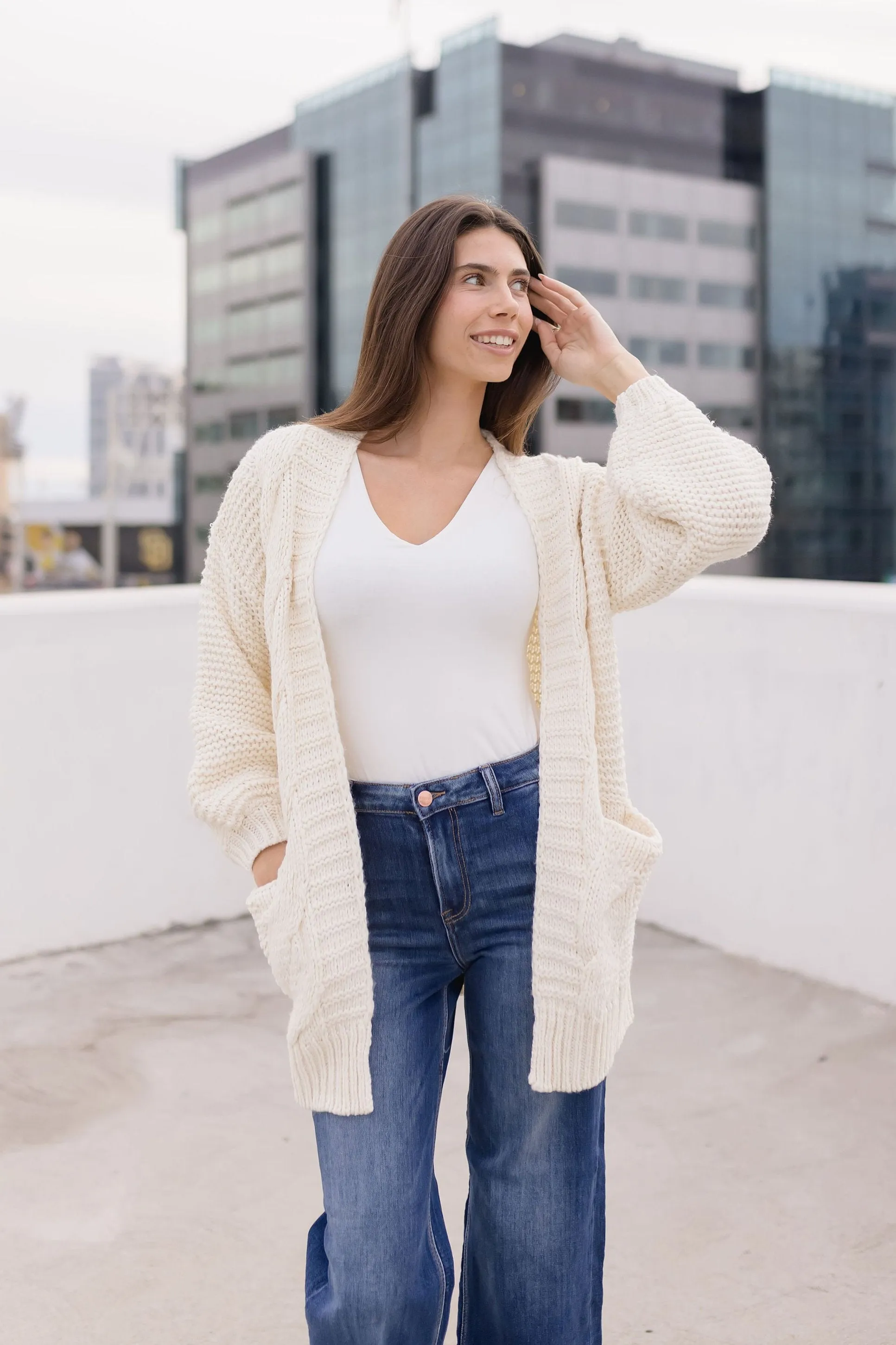 Holland Long Sleeve Chunky Cable Knit Open Cardigan Cream