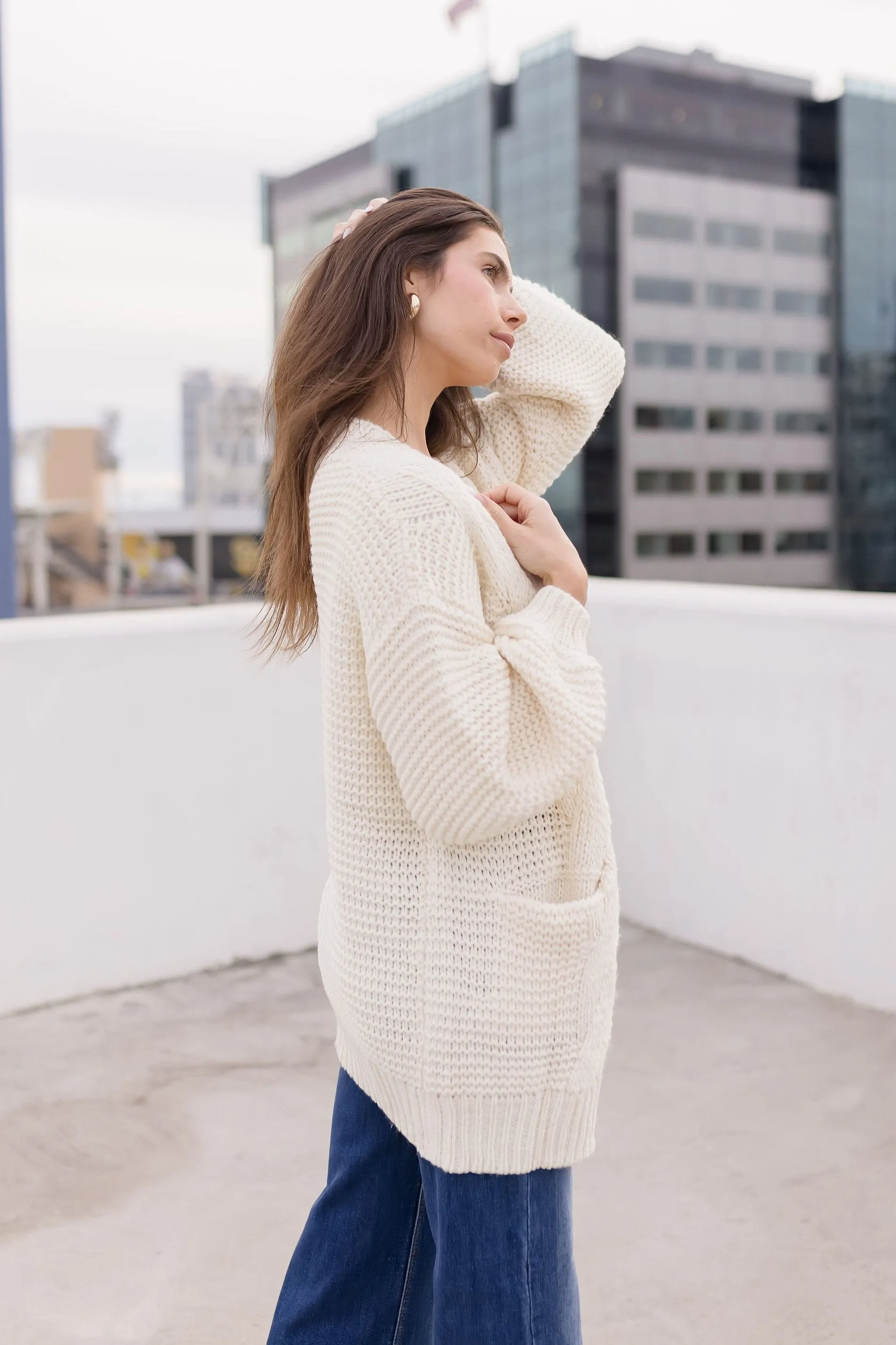 Holland Long Sleeve Chunky Cable Knit Open Cardigan Cream