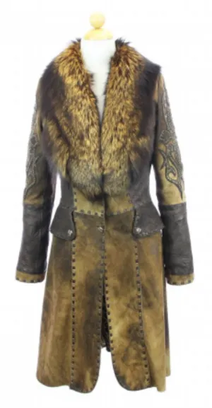 Hoss Couture Women's Natural Suede Fox Fur Swarovski Crystal Trench Coat