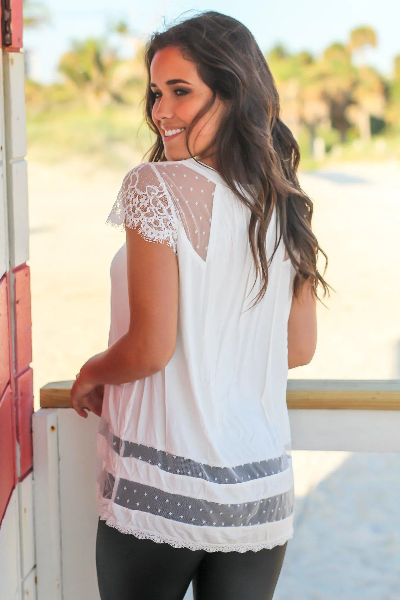 Ivory Short Sleeve Top with Lace Detail