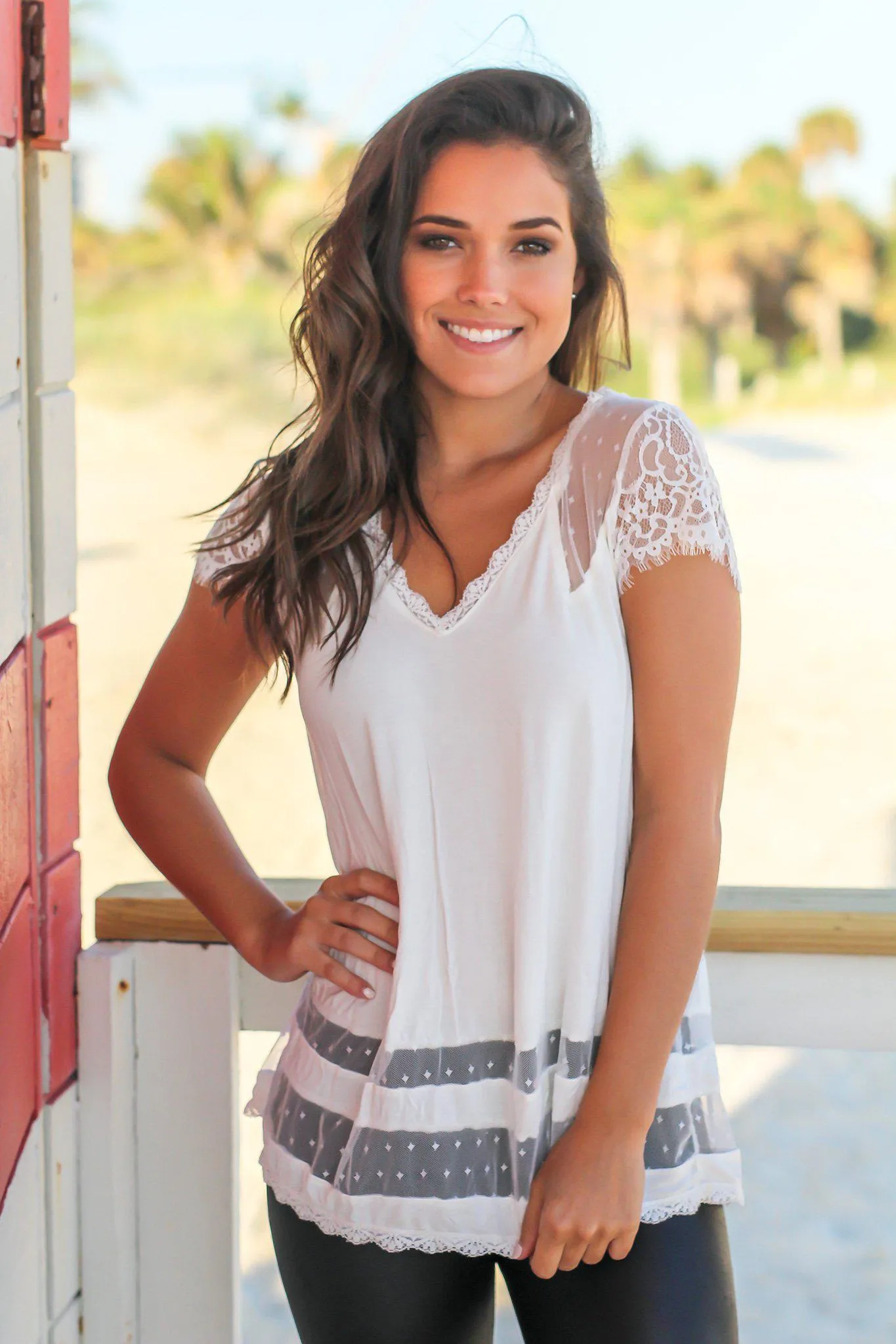 Ivory Short Sleeve Top with Lace Detail