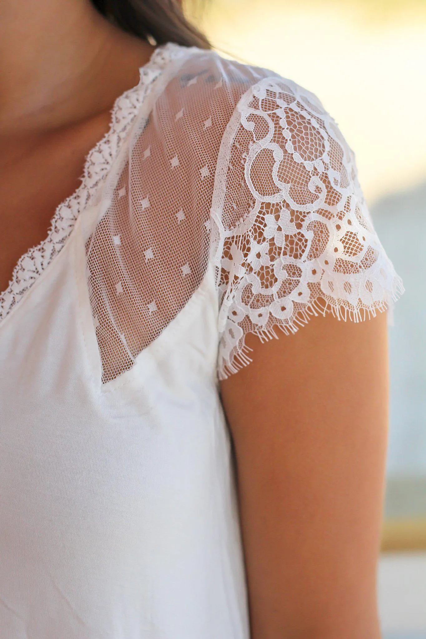 Ivory Short Sleeve Top with Lace Detail