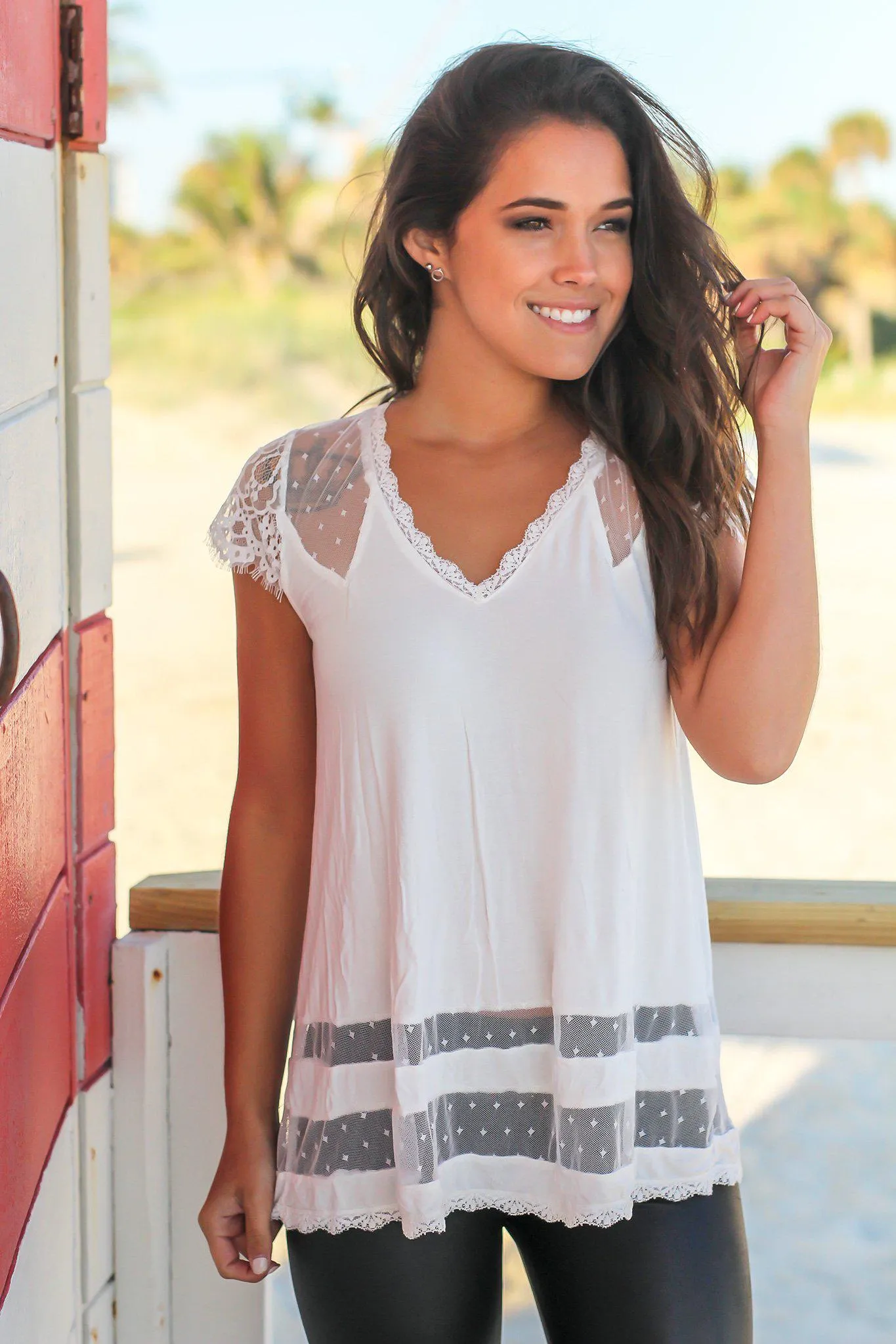 Ivory Short Sleeve Top with Lace Detail