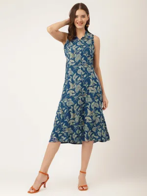 Jashvi Blue Floral Printed Rayon A-Line Midi Dress with Attached Sleeves for Women