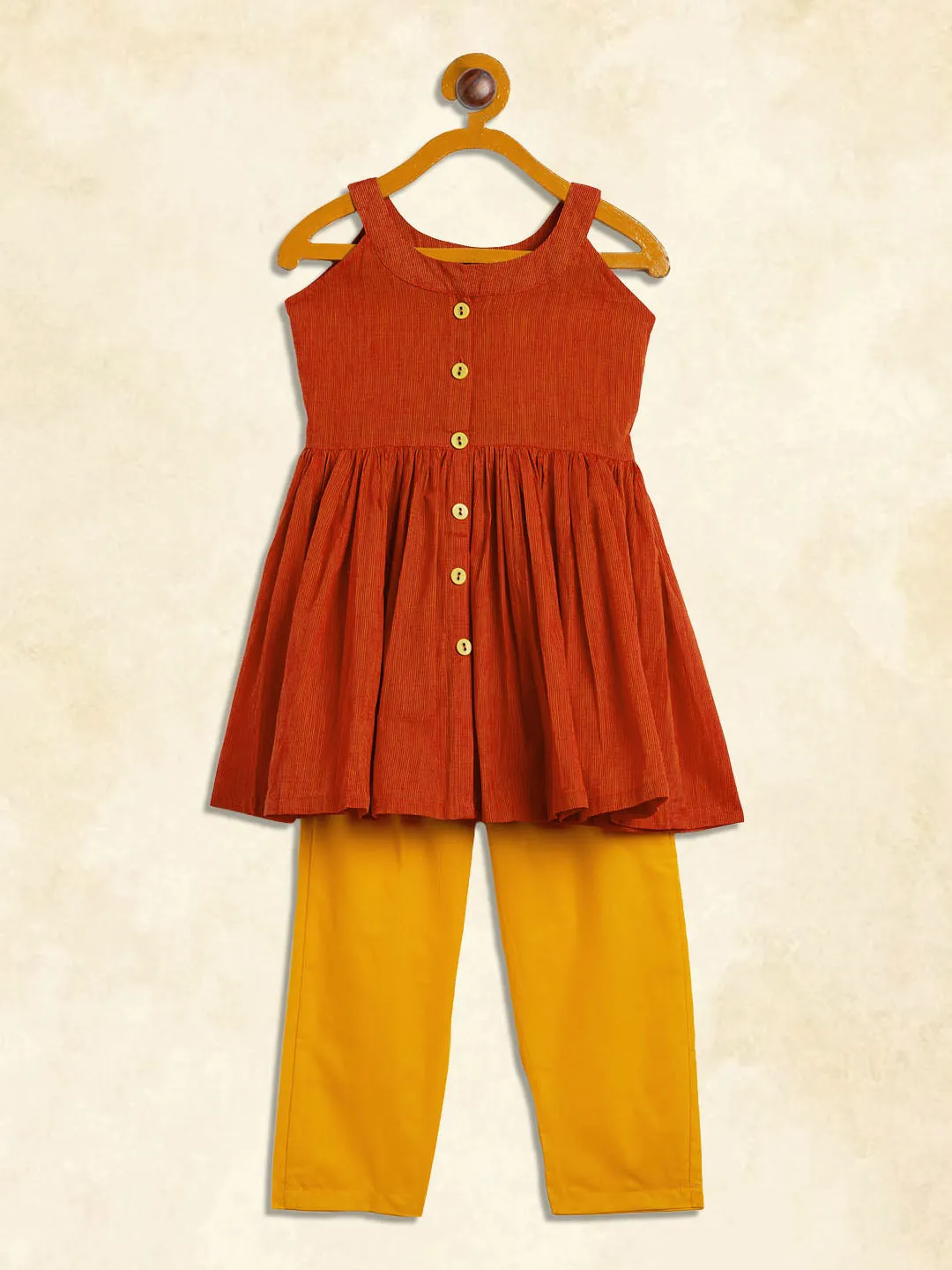 Jashvi SISHU Girl's Red Striped Handloom Kurta With Yellow Pyjama Set