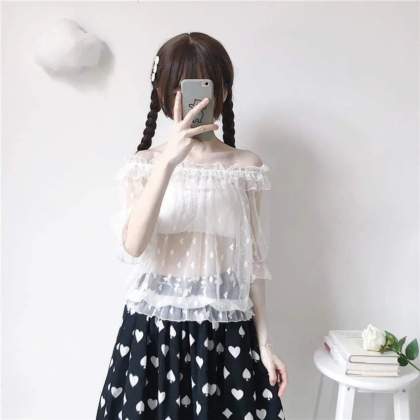 Kawaii Heart Patten Lace Mesh Shirt