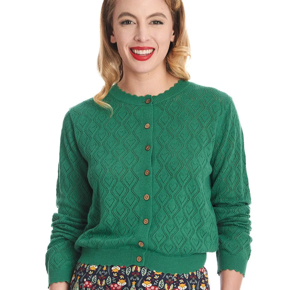 Long Sleeve Green Pointelle Scallop Edge Crop Cardigan