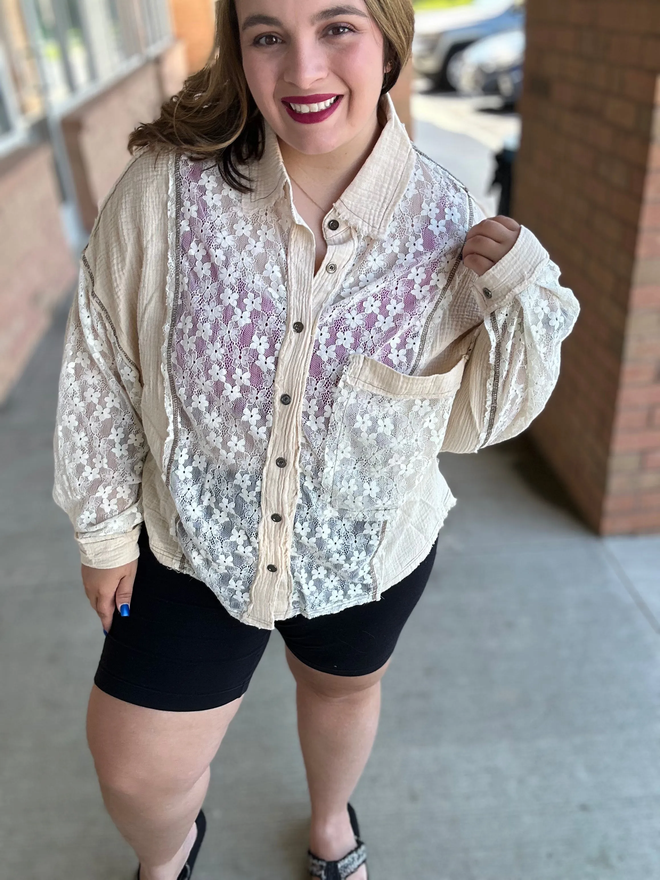 Lover POL Oversize Lace Button-Down Shirt