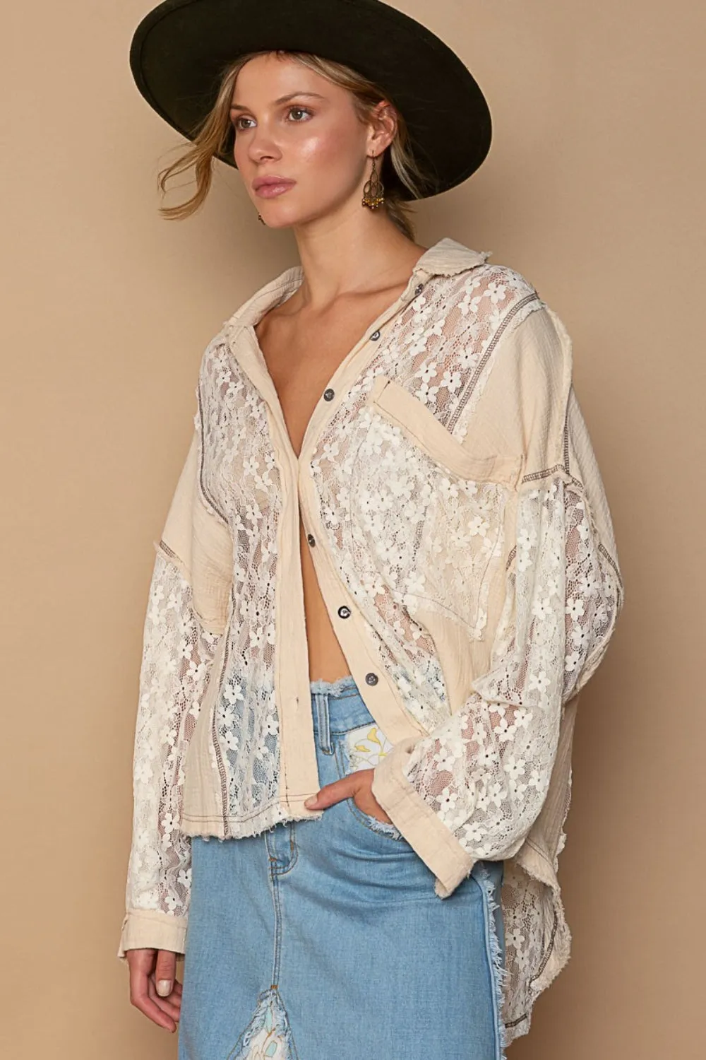 Lover POL Oversize Lace Button-Down Shirt