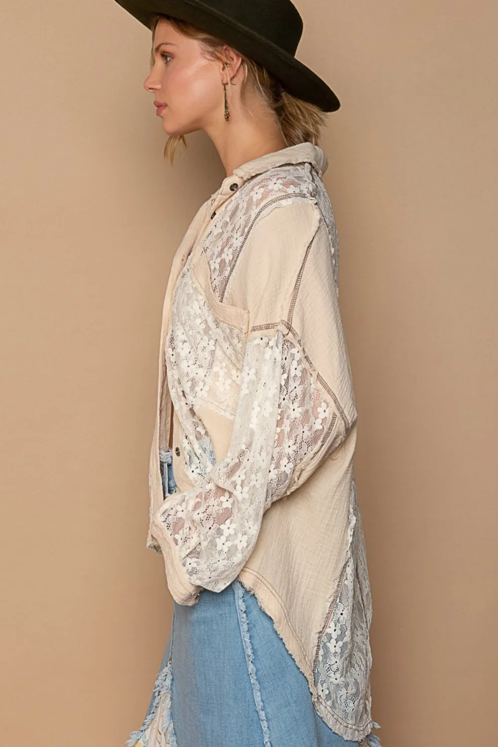 Lover POL Oversize Lace Button-Down Shirt