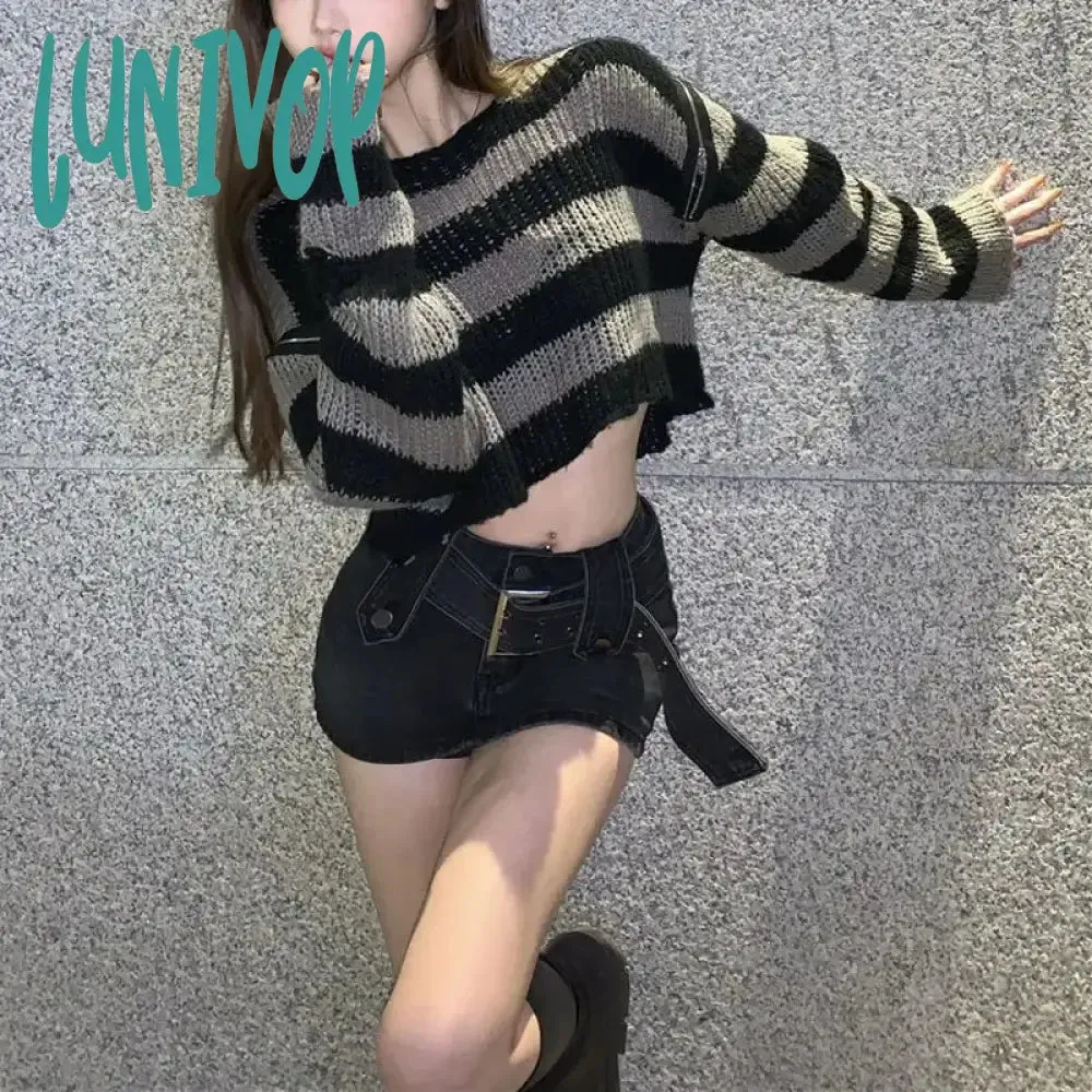 Lunivop E-girl Gothic Crop Sweater Striped Knitted Pullovers Punk Zipper 2000s Y2K Vintage Harajuku Grunge Jumpers Autumn Spring Clothes