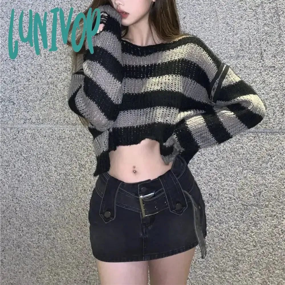 Lunivop E-girl Gothic Crop Sweater Striped Knitted Pullovers Punk Zipper 2000s Y2K Vintage Harajuku Grunge Jumpers Autumn Spring Clothes