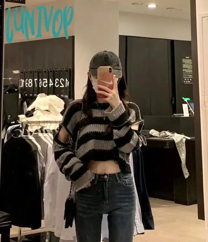 Lunivop E-girl Gothic Crop Sweater Striped Knitted Pullovers Punk Zipper 2000s Y2K Vintage Harajuku Grunge Jumpers Autumn Spring Clothes