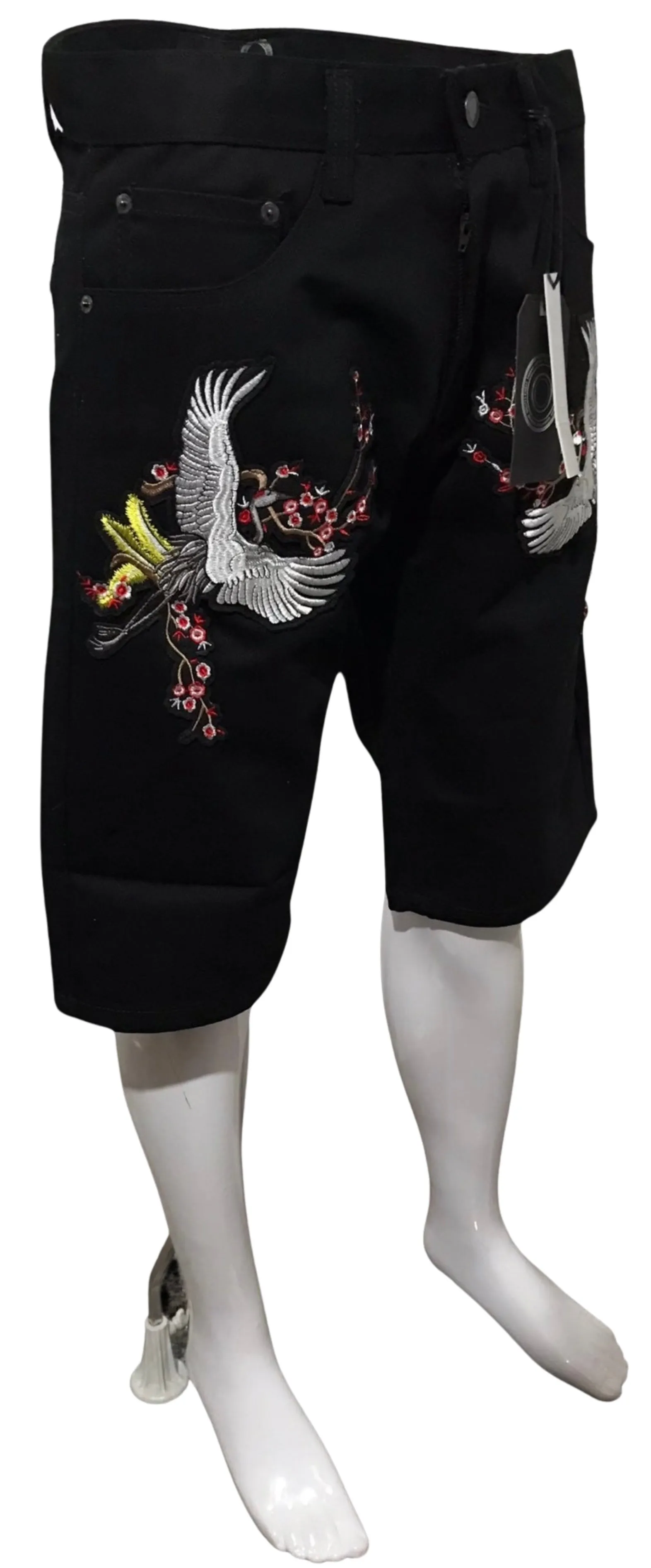 ^MAXI MILIAN^ (BLACK) ~YEAR OF THE CRANE~ DENIM SHORTS (SLIM FIT) (EMBROIDERED)