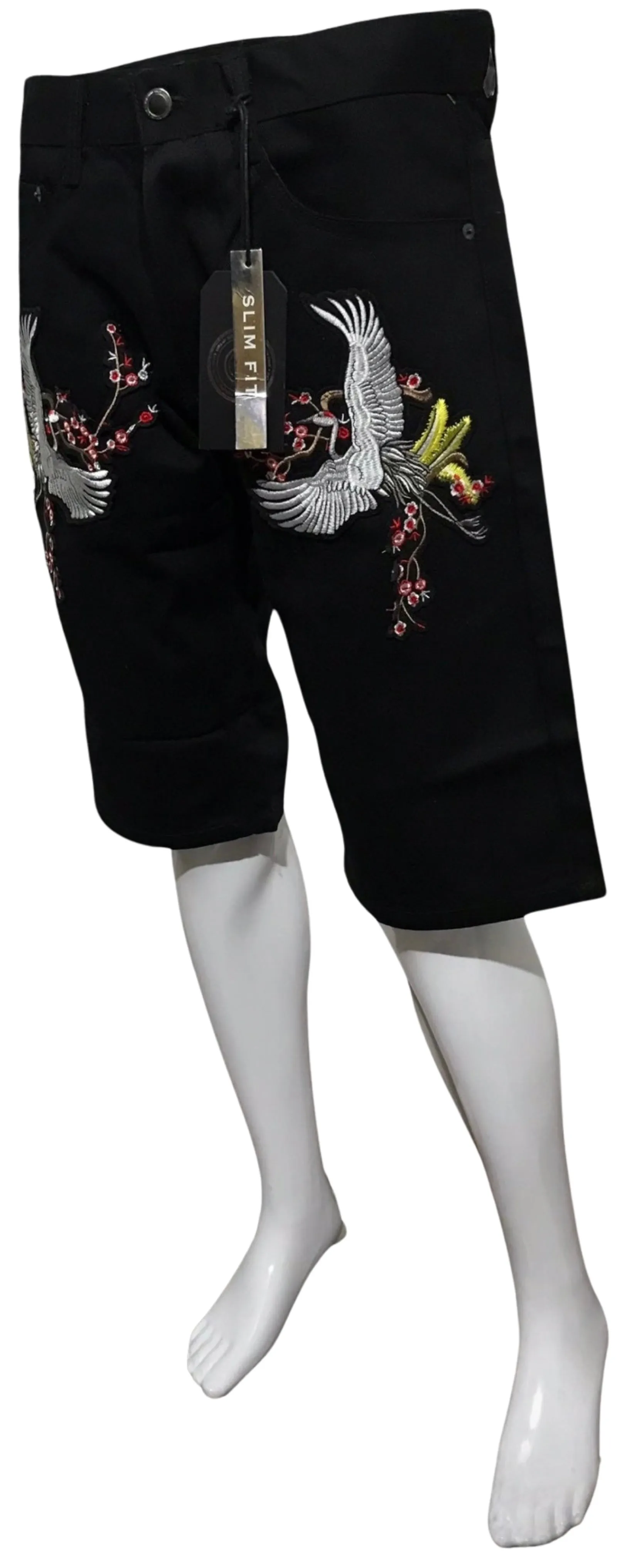 ^MAXI MILIAN^ (BLACK) ~YEAR OF THE CRANE~ DENIM SHORTS (SLIM FIT) (EMBROIDERED)