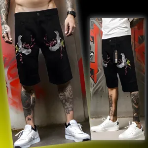 ^MAXI MILIAN^ (BLACK) ~YEAR OF THE CRANE~ DENIM SHORTS (SLIM FIT) (EMBROIDERED)