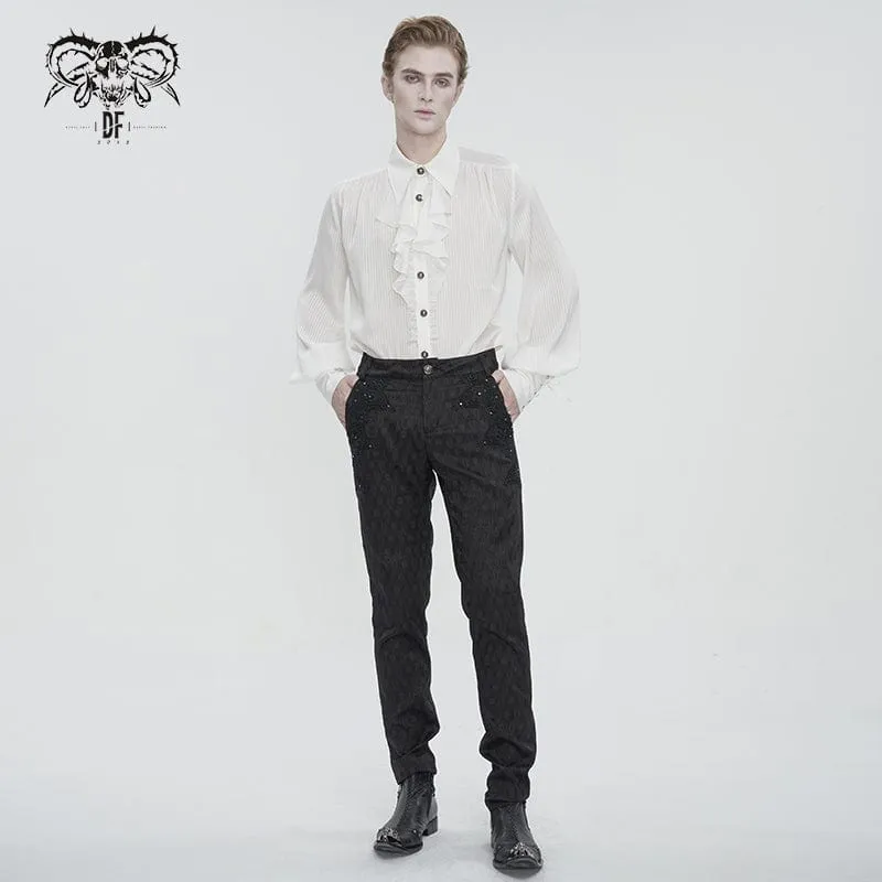 Men's Gothic Puff Sleeved Ruffled Lace Splice Shirt White