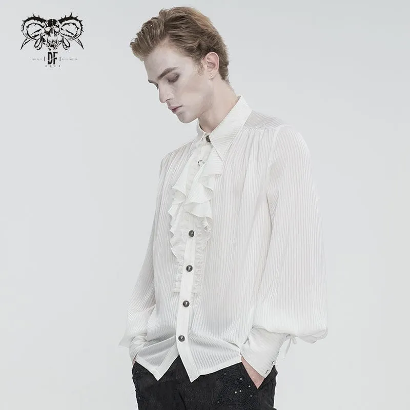 Men's Gothic Puff Sleeved Ruffled Lace Splice Shirt White