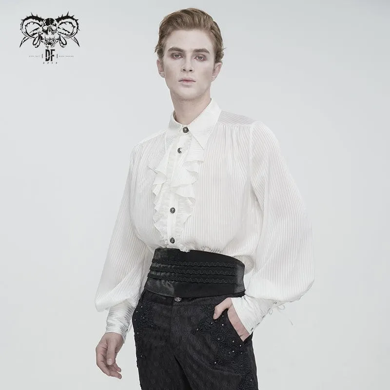 Men's Gothic Puff Sleeved Ruffled Lace Splice Shirt White