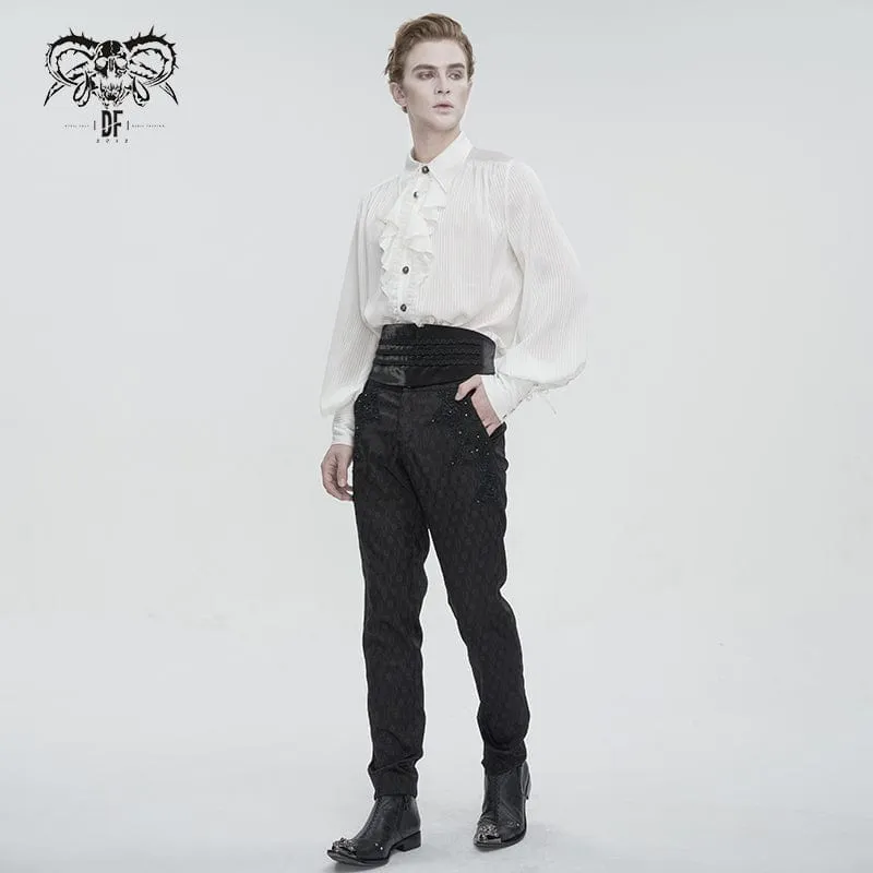 Men's Gothic Puff Sleeved Ruffled Lace Splice Shirt White