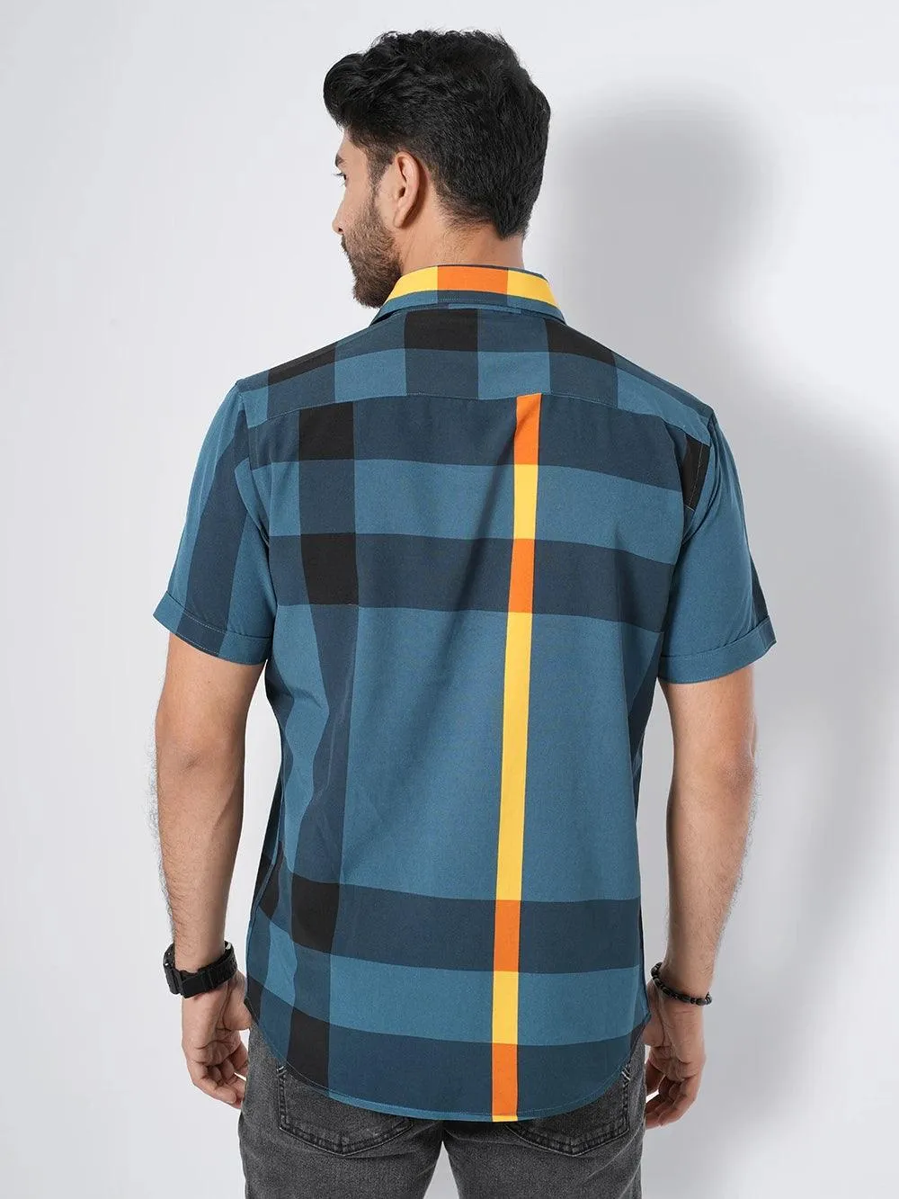 Men's Plaid Check Blue Color Short Sleeve Shirt