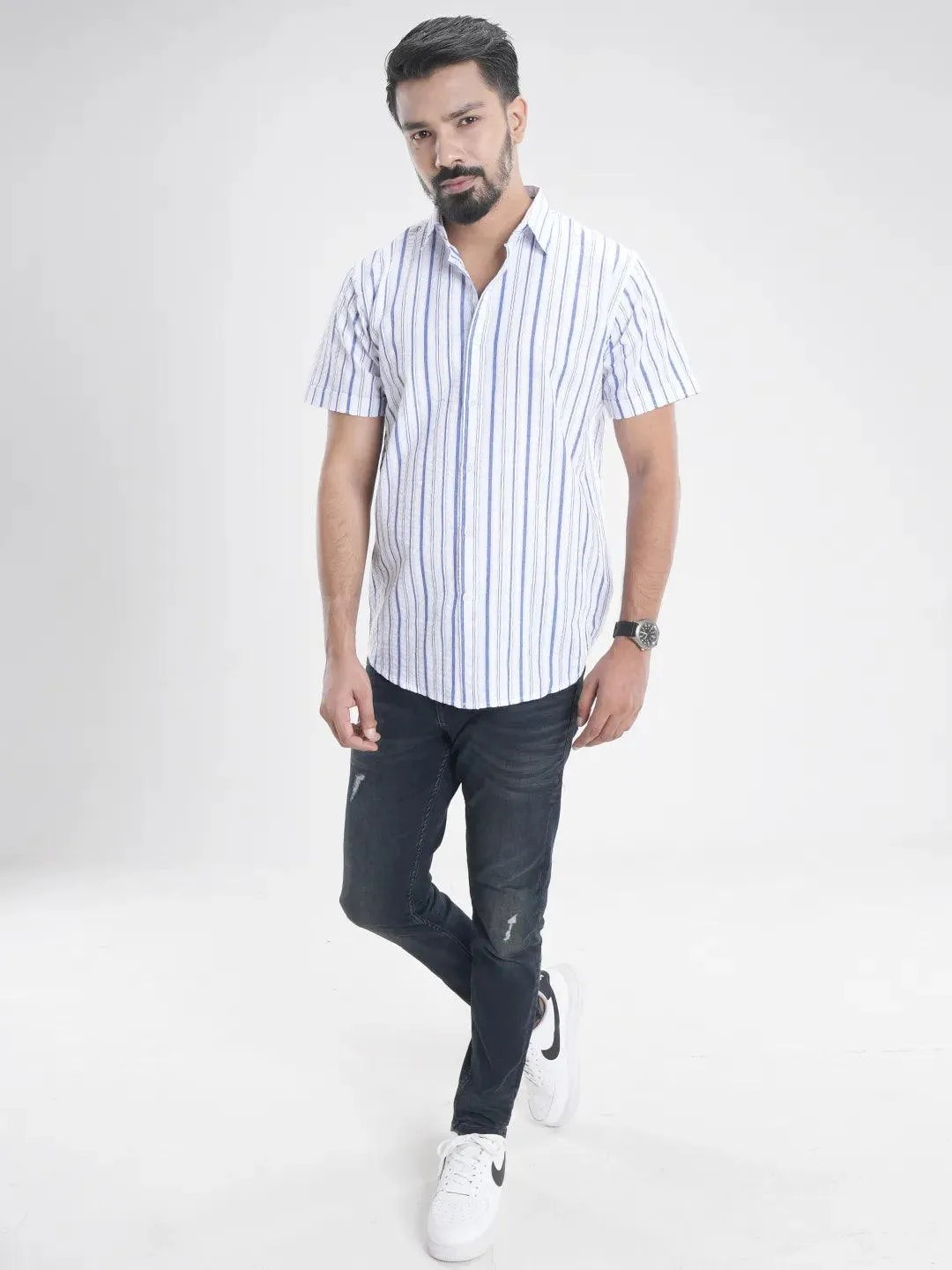 Men's Short Sleeve Casual Shirt in Stripe Design