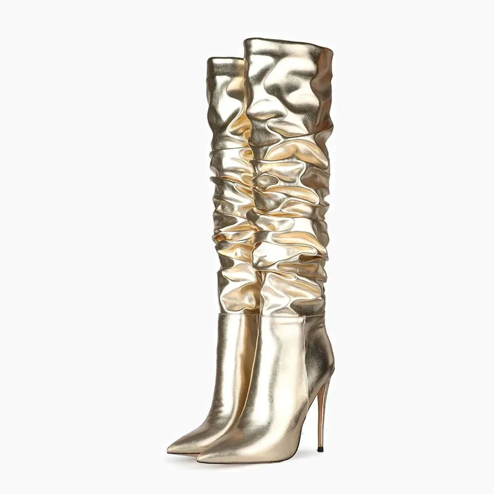 Merendy Reflect Thin high heels pointy Tall side-zip Mirror knee high boots