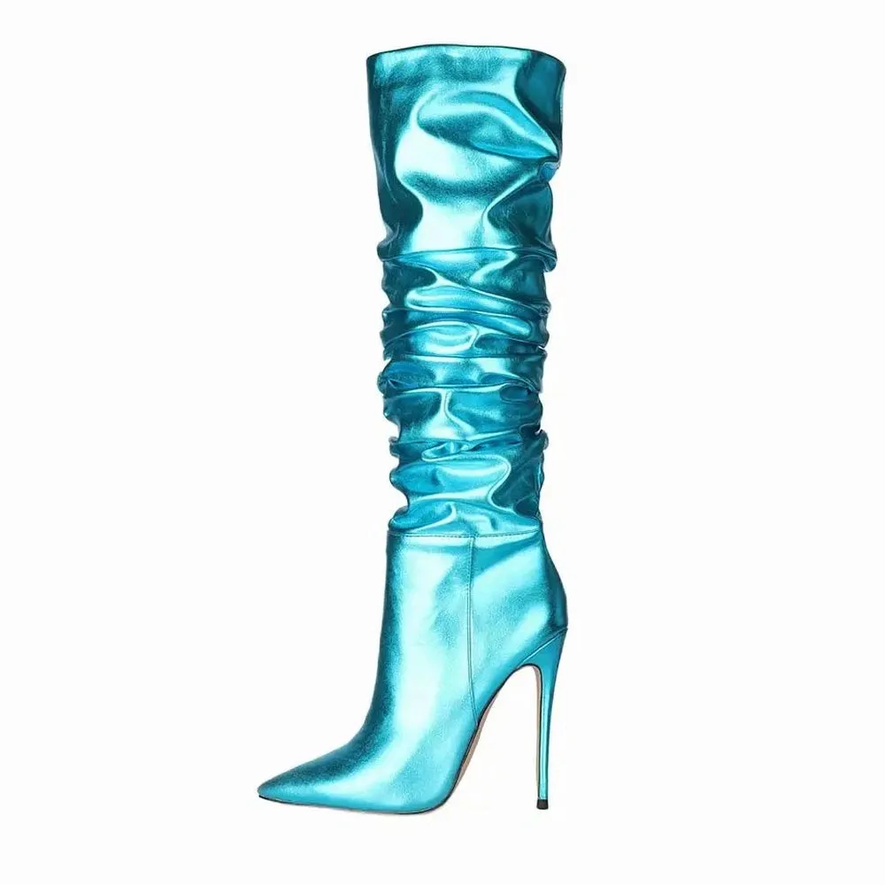 Merendy Reflect Thin high heels pointy Tall side-zip Mirror knee high boots