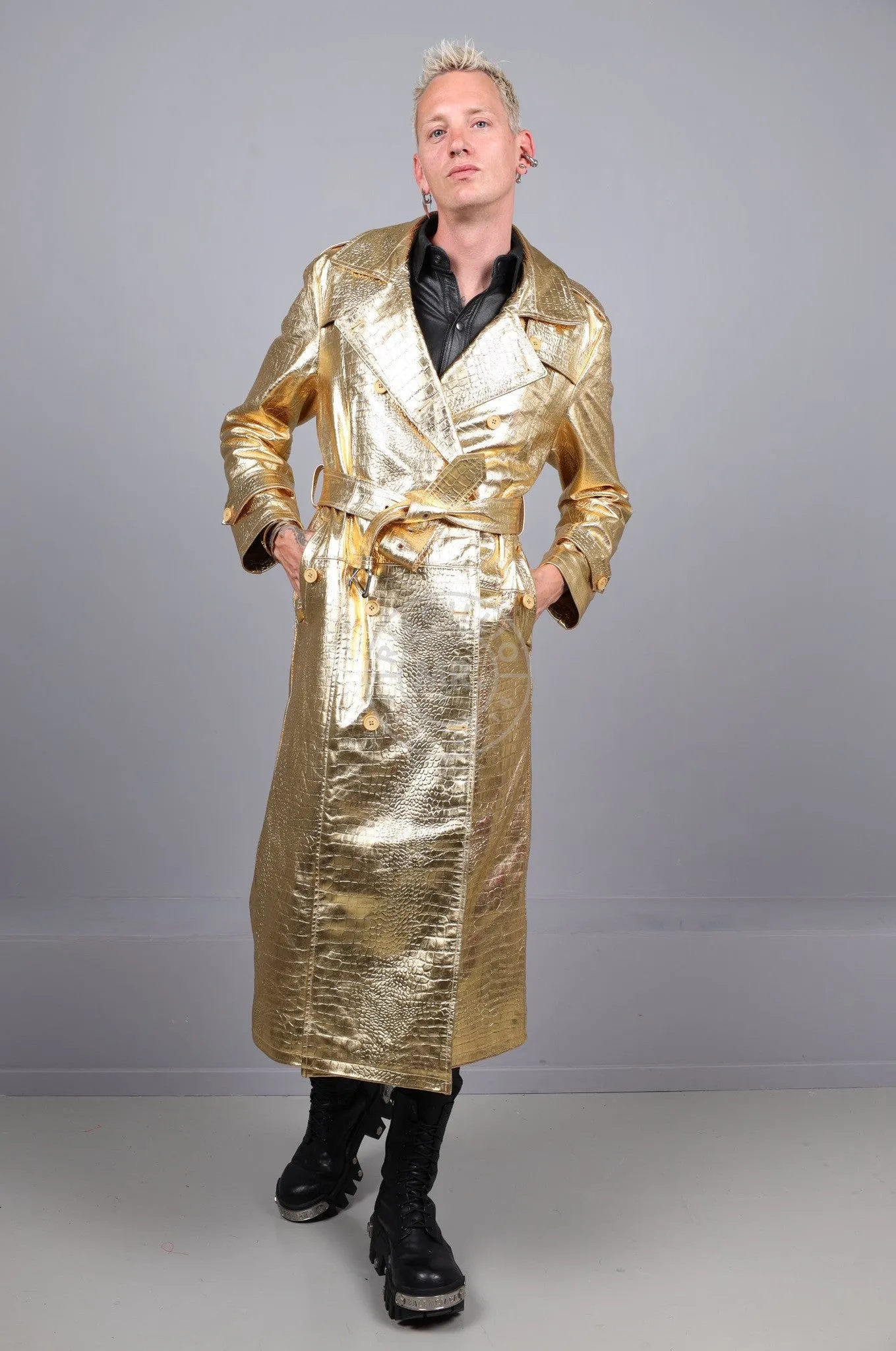 Metallic Leather Snake Trench Coat - Gold