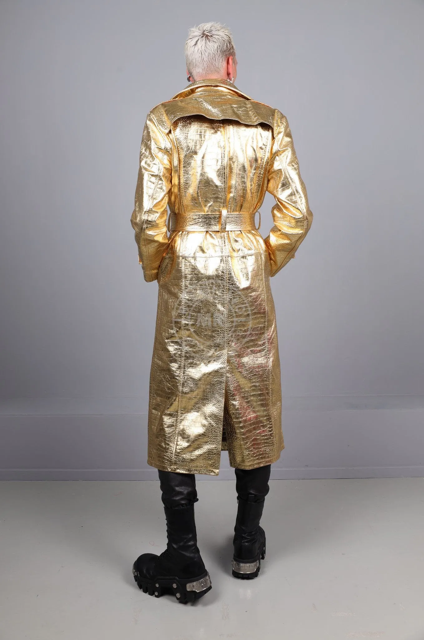 Metallic Leather Snake Trench Coat - Gold