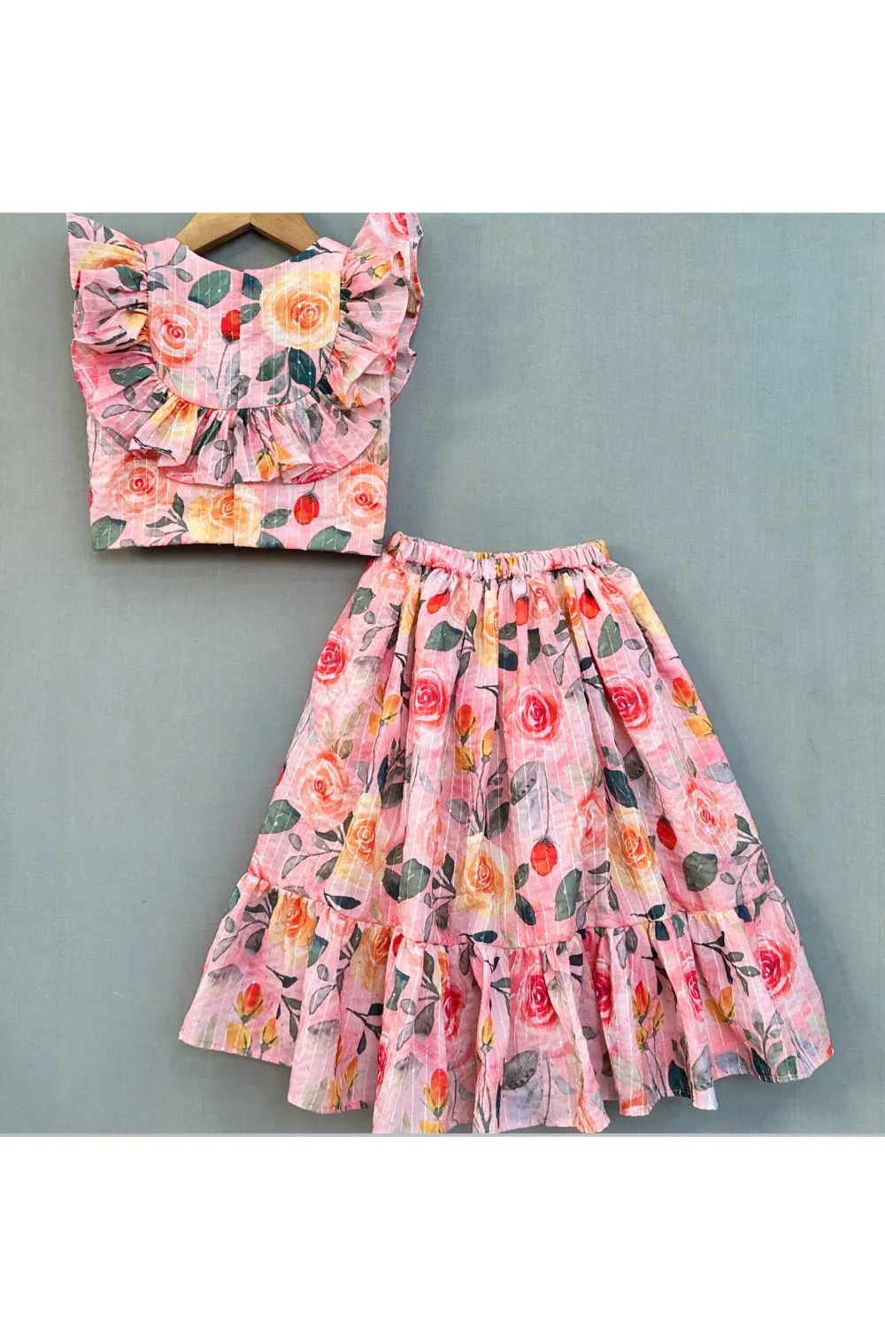 Multicolor Floral Cotton Printed Top And Skirt Set