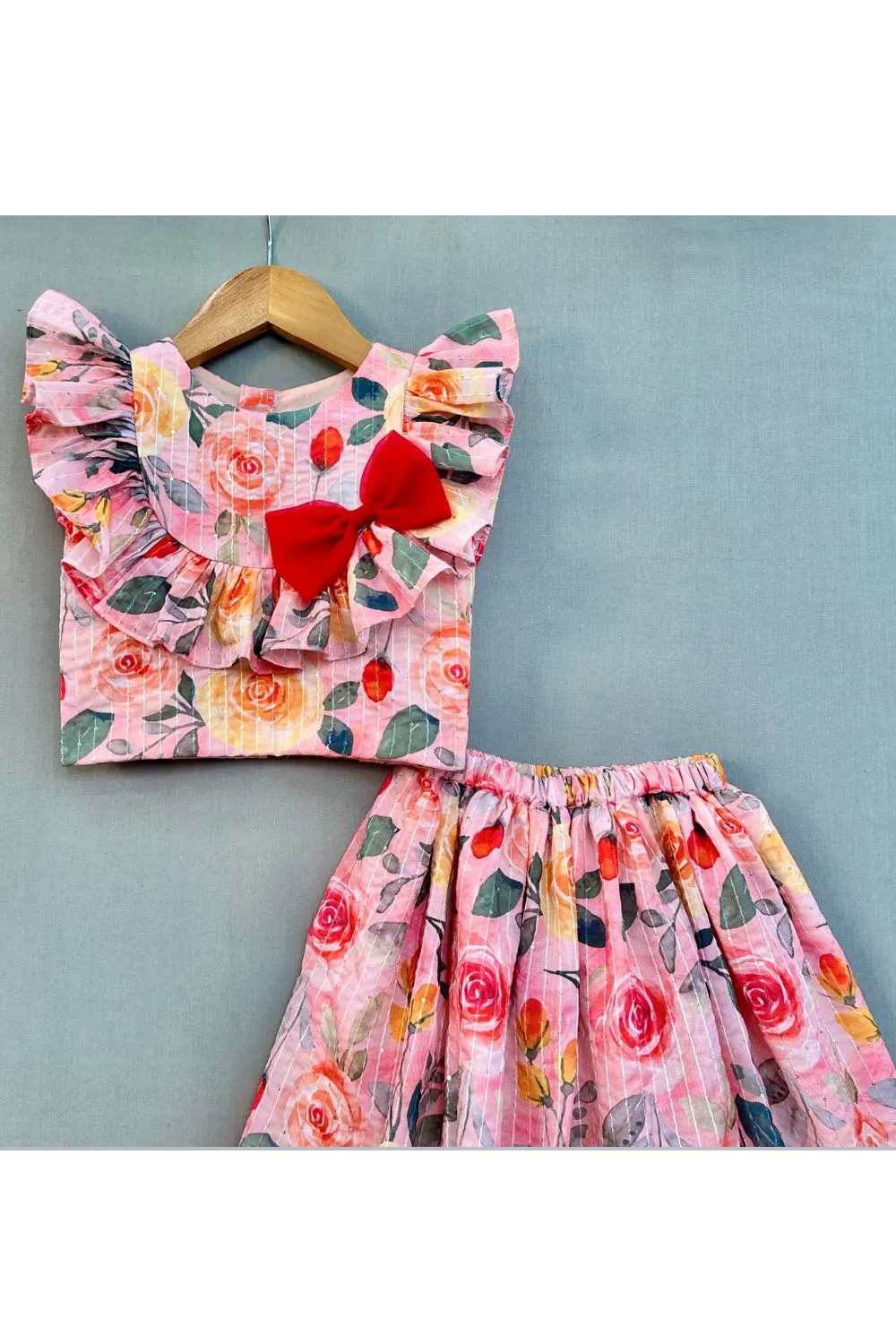 Multicolor Floral Cotton Printed Top And Skirt Set