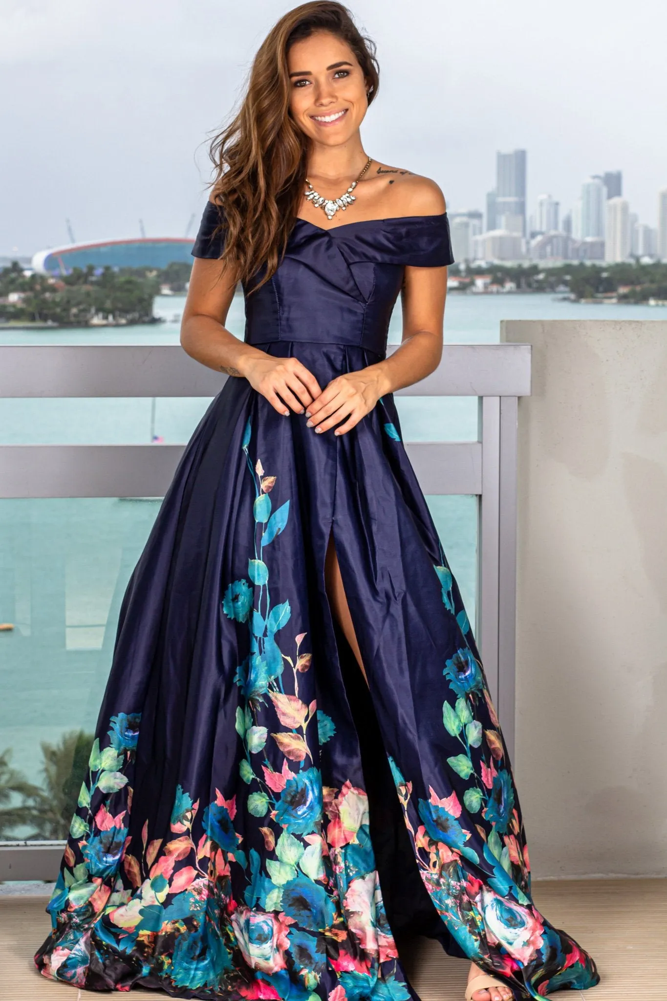 Navy Maxi Dress with Floral Print