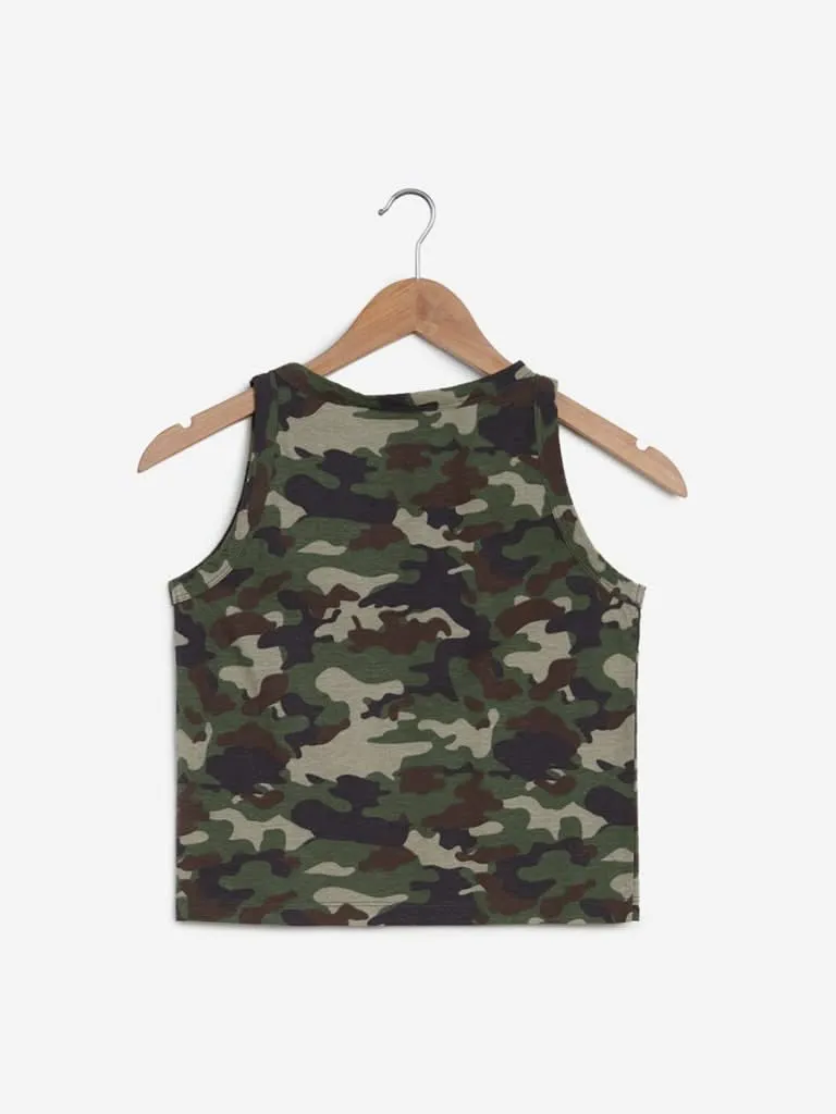 Nuon Khaki Camouflage Print Crop-Top