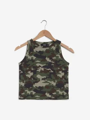 Nuon Khaki Camouflage Print Crop-Top