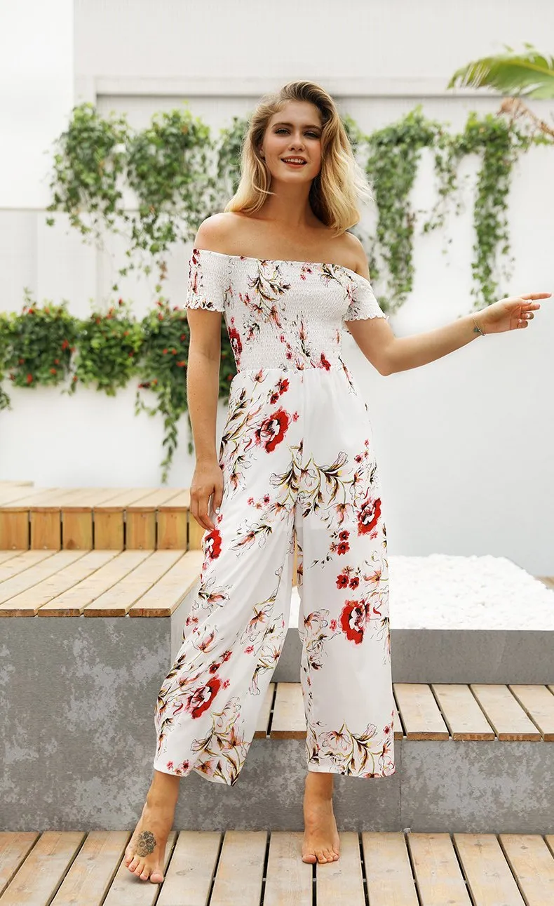 Off Shoulder Printed High Waist Wide Leg Pants Jumpsuit Romper