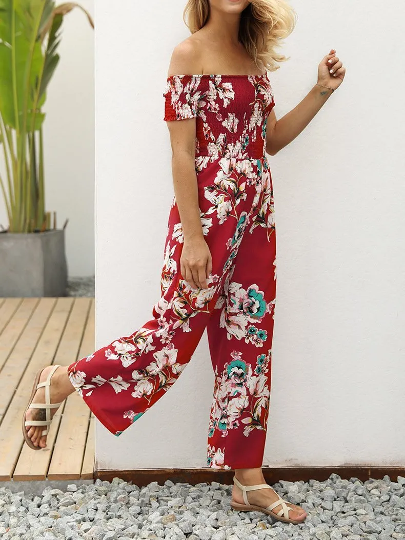 Off Shoulder Printed High Waist Wide Leg Pants Jumpsuit Romper