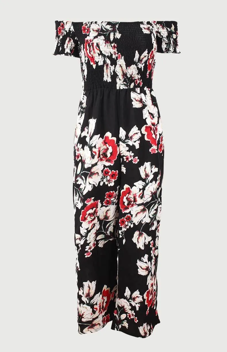 Off Shoulder Printed High Waist Wide Leg Pants Jumpsuit Romper