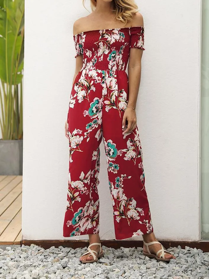 Off Shoulder Printed High Waist Wide Leg Pants Jumpsuit Romper