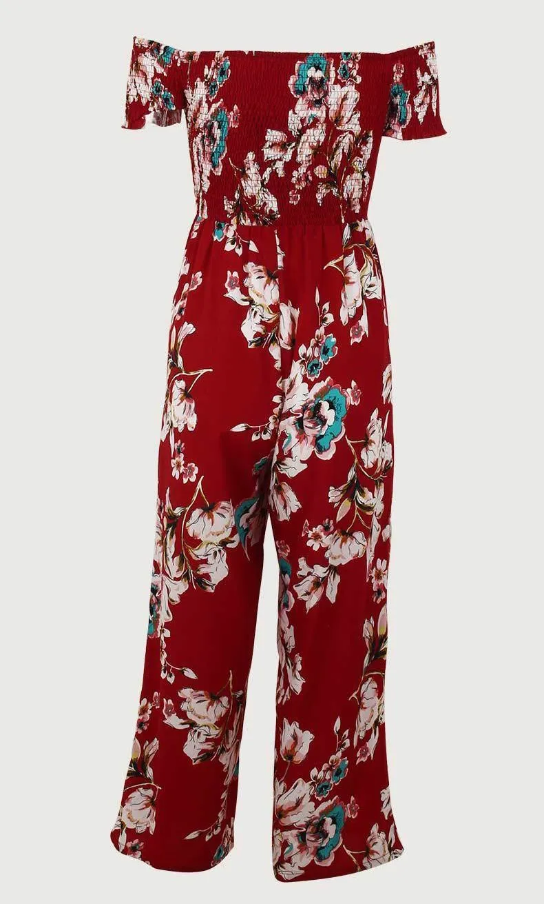 Off Shoulder Printed High Waist Wide Leg Pants Jumpsuit Romper